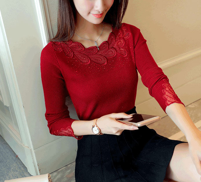 Long Sleeves Lace Transparant Neckline Sweater