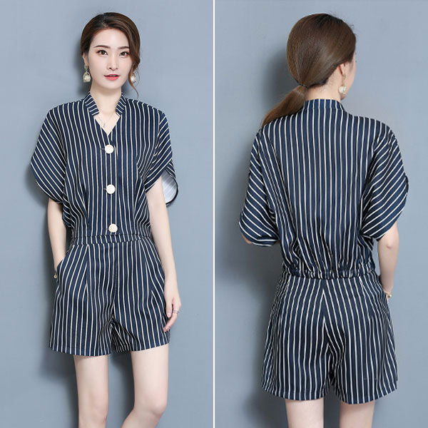 Vertical Striped Short Bat Sleeves V Neck Shirt And Short