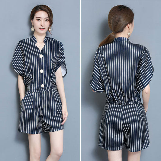 Vertical Striped Short Bat Sleeves V Neck Shirt And Short