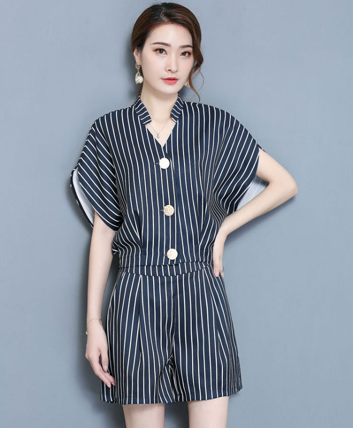 Vertical Striped Short Bat Sleeves V Neck Shirt And Short