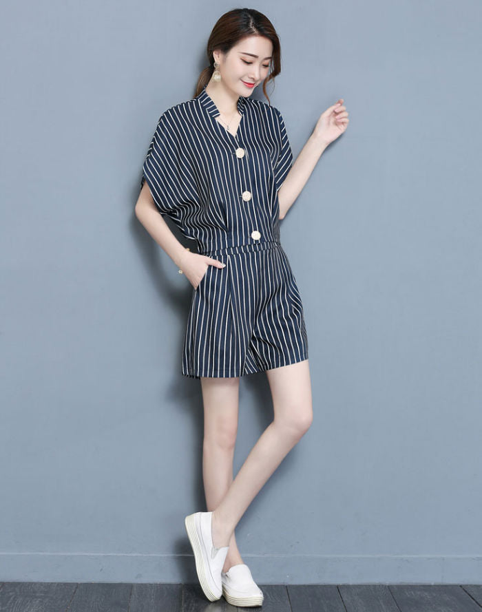 Vertical Striped Short Bat Sleeves V Neck Shirt And Short