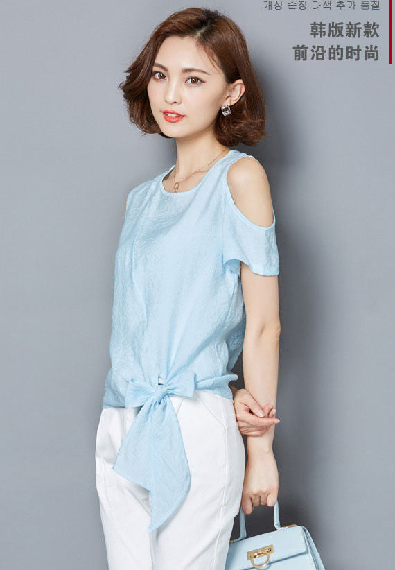 Blouse Short Sleeves Dew Shoulder Ribbon Bottom