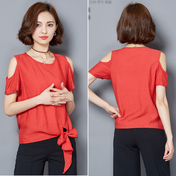 Blouse Short Sleeves Dew Shoulder Ribbon Bottom