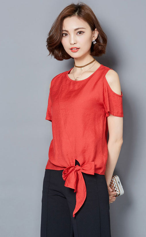 Blouse Short Sleeves Dew Shoulder Ribbon Bottom