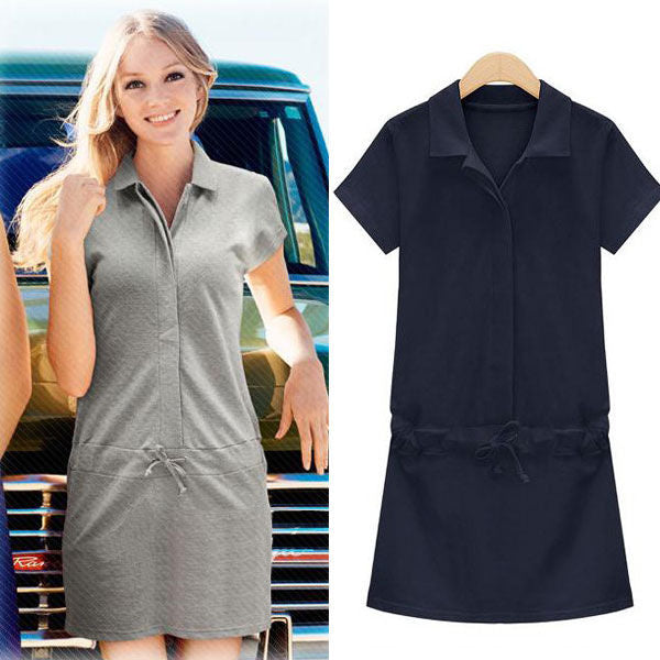 Short Sleeves Collar Drawstring Dress