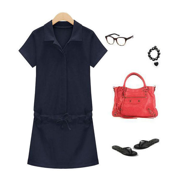 Short Sleeves Collar Drawstring Dress