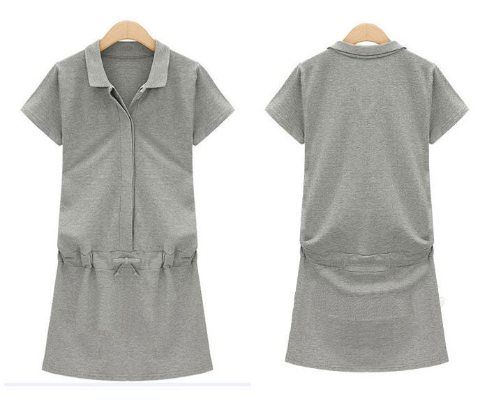 Short Sleeves Collar Drawstring Dress