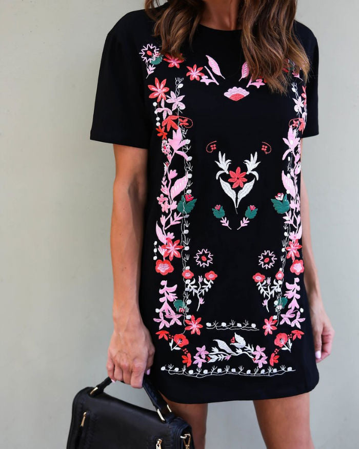 Dress Kaos Wanita Printing Bunga Lengan Pendek
