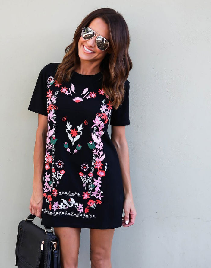 Dress Kaos Wanita Printing Bunga Lengan Pendek