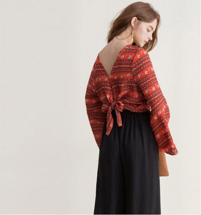 Atasan Wanita Merah Bunga Lengan Panjang Pita Belakang