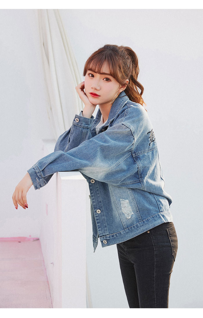 Jaket Wanita Jeans Biru Sobek Robek Retro Import