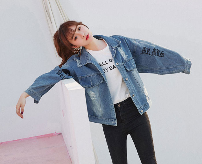 Jaket Wanita Jeans Biru Sobek Robek Retro Import