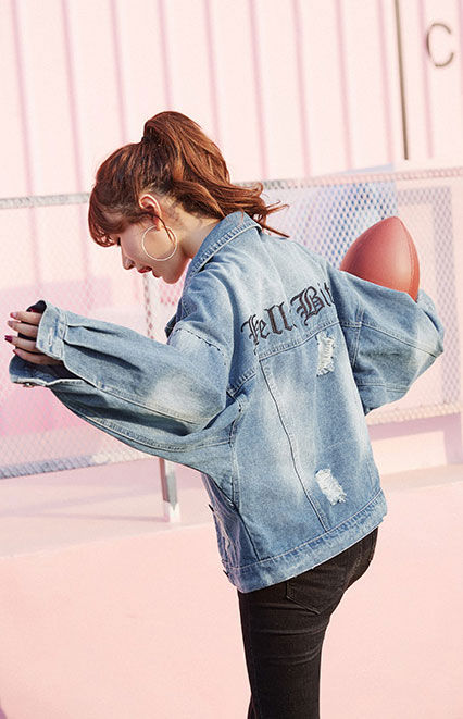 Jaket Wanita Jeans Biru Sobek Robek Retro Import