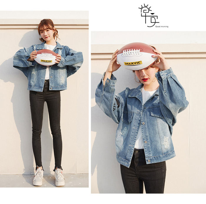 Jaket Wanita Jeans Biru Sobek Robek Retro Import
