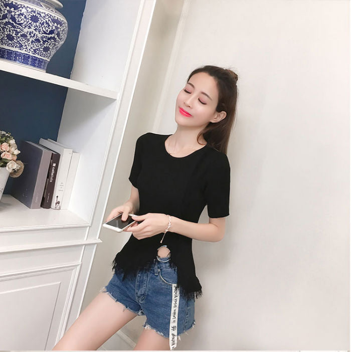 Atasan Wanita Sweater Rajut Lengan Pendek Rumbai