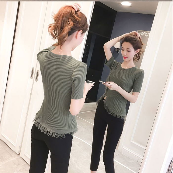 Atasan Wanita Sweater Rajut Lengan Pendek Rumbai