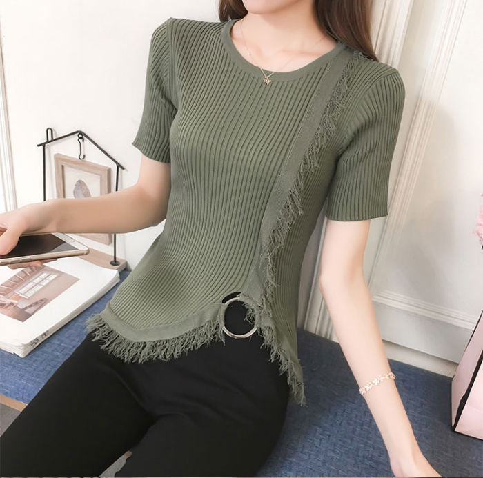 Atasan Wanita Sweater Rajut Lengan Pendek Rumbai