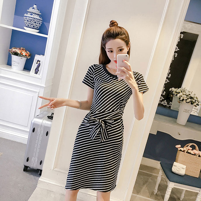 Dress Kaos Lengan Pendek Garis Garis Import