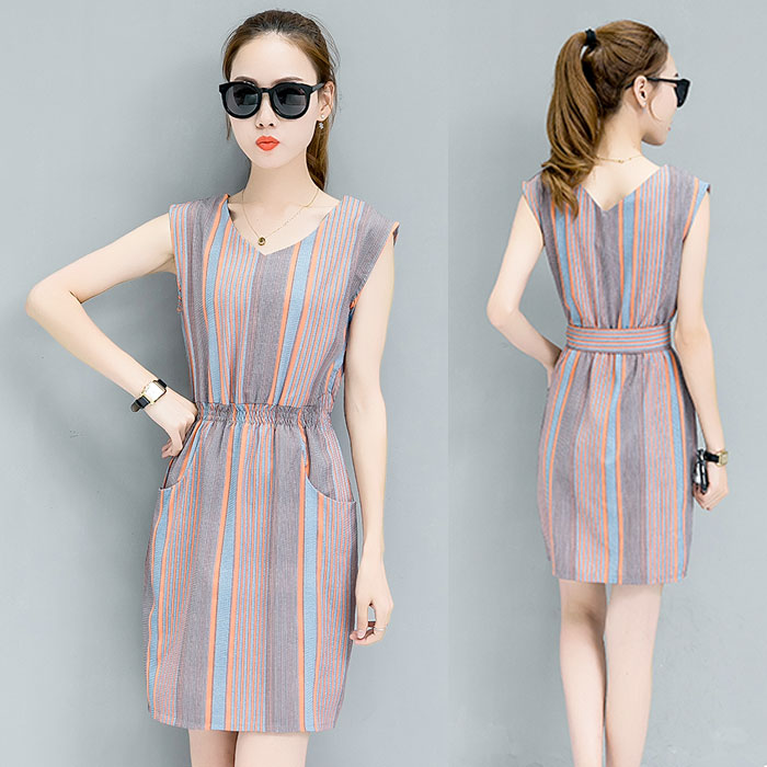 Dress Wanita Garis Garis You Can See dengan Sabuk