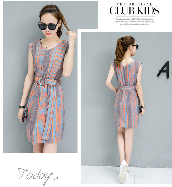 Dress Wanita Garis Garis You Can See dengan Sabuk