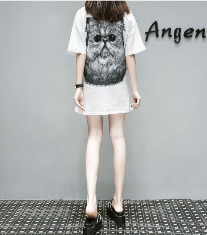 Dress Wanita Kaos Putih Kucing Hitam Lengan Pendek Jumbo