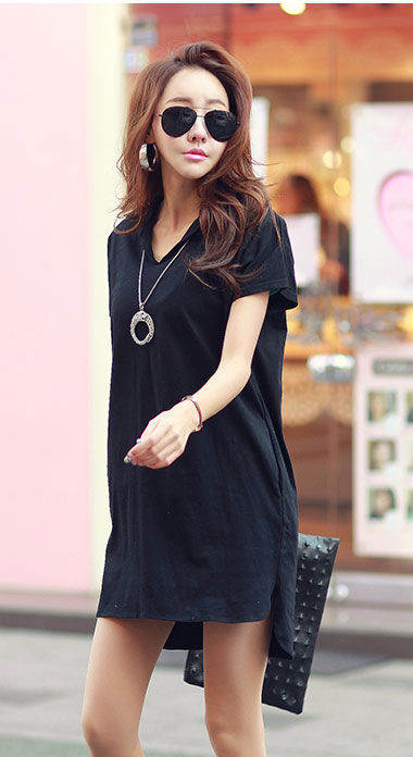 Dress Katun Wanita Lengan Pendek Leher V Kerah