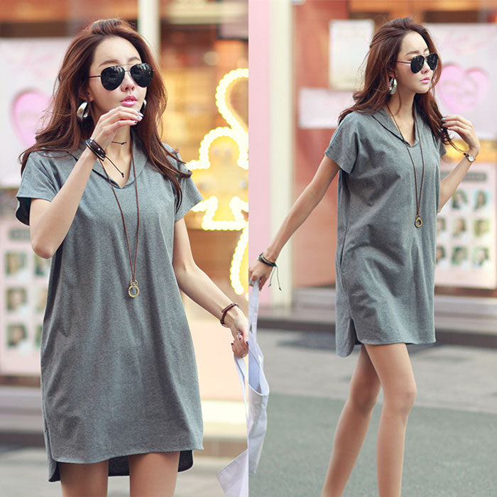 Dress Katun Wanita Lengan Pendek Leher V Kerah