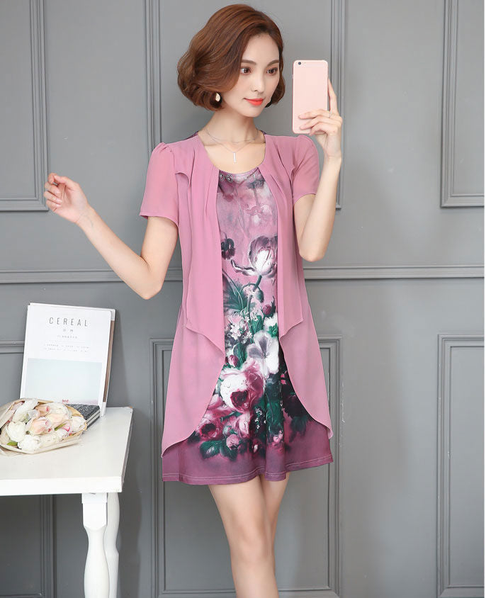 Gaun Wanita Sifon Bunga Lengan Pendek Layer Import