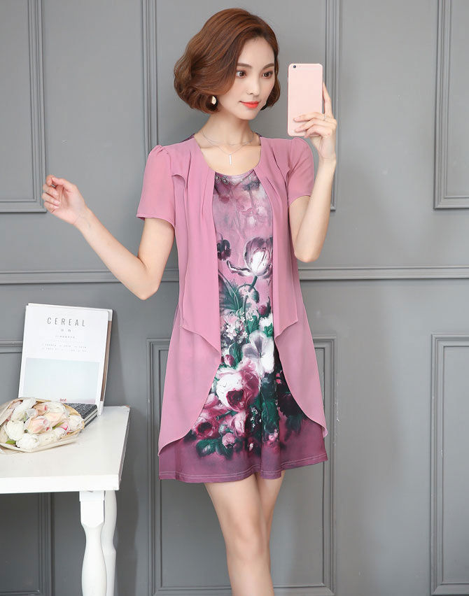 Gaun Wanita Sifon Bunga Lengan Pendek Layer Import