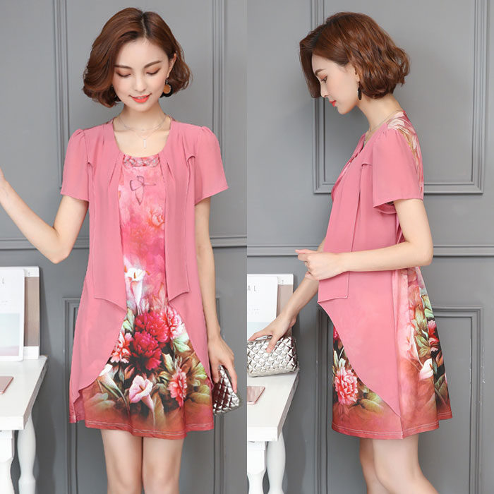 Gaun Wanita Sifon Bunga Lengan Pendek Layer Import