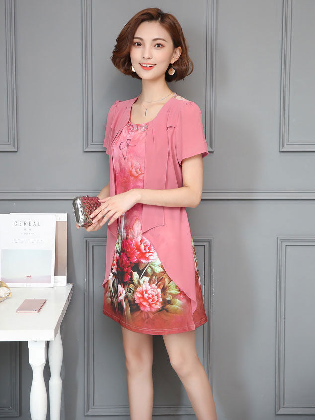 Gaun Wanita Sifon Bunga Lengan Pendek Layer Import
