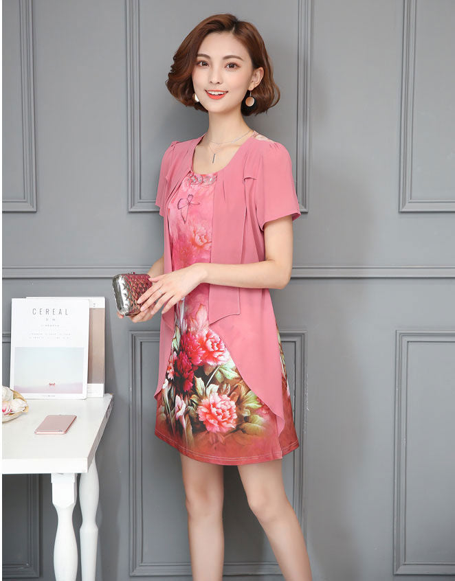 Gaun Wanita Sifon Bunga Lengan Pendek Layer Import