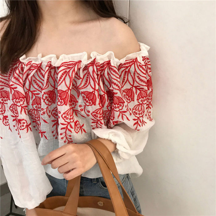 Blouse Wanita Sabrina Bordir Import Style Korea