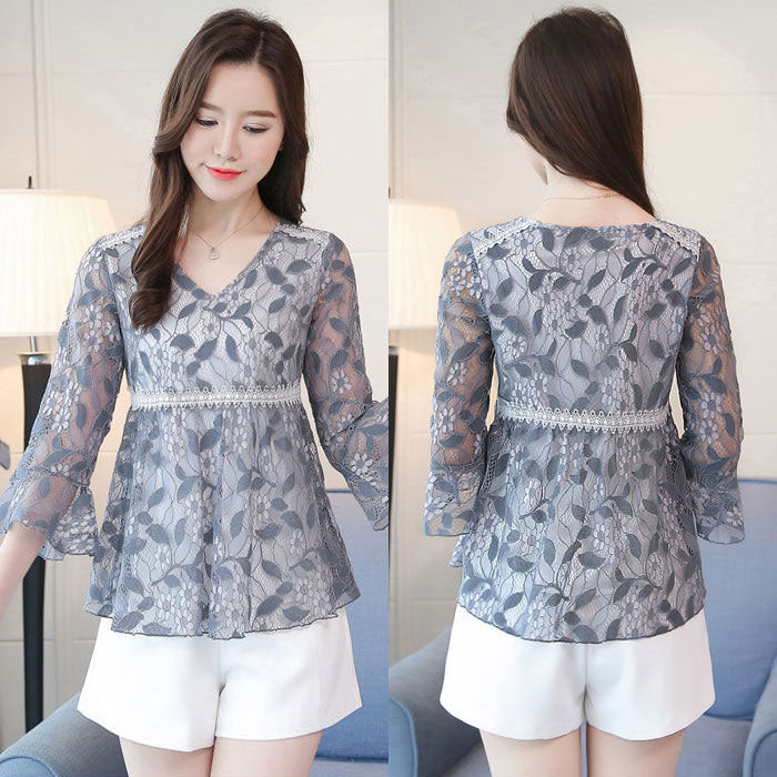 Blouse Wanita Brokat Leher V Lengan 3/4 Feminin Import