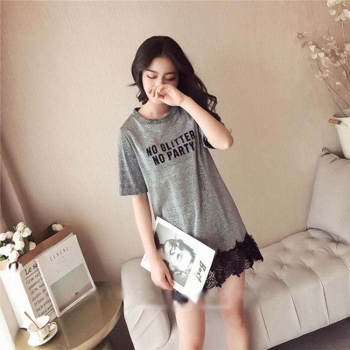 Kaos Wanita No Glitter No Party Lengan Pendek Brokat Import