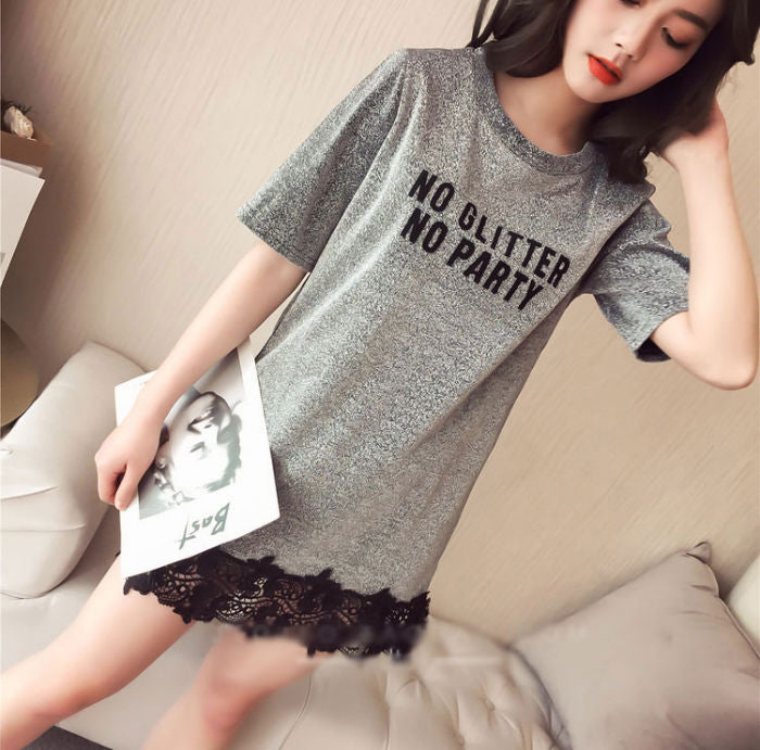 Kaos Wanita No Glitter No Party Lengan Pendek Brokat Import