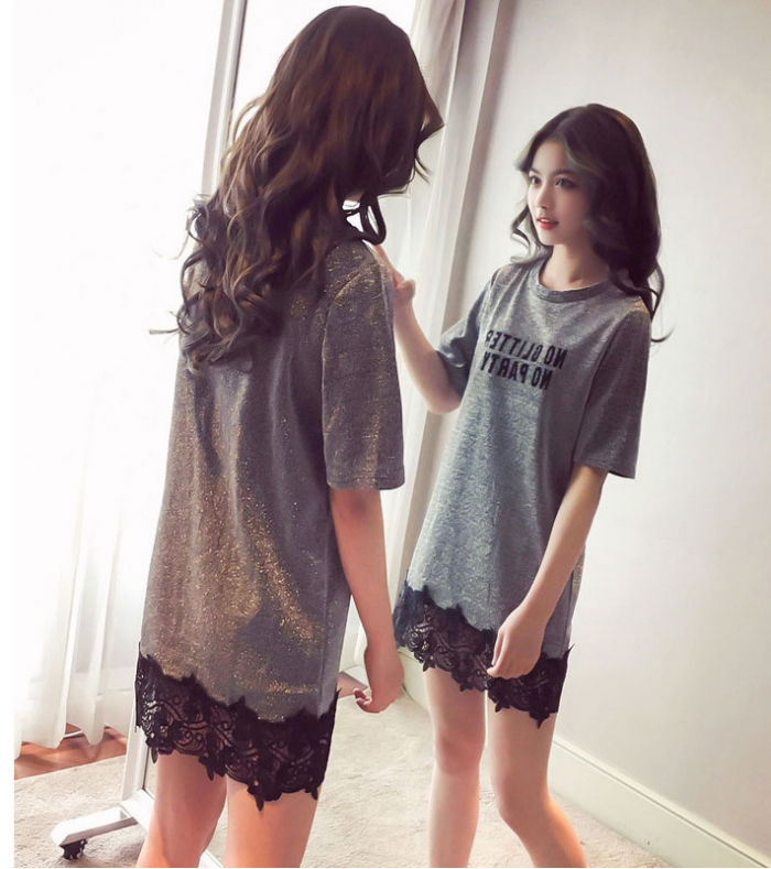 Kaos Wanita No Glitter No Party Lengan Pendek Brokat Import