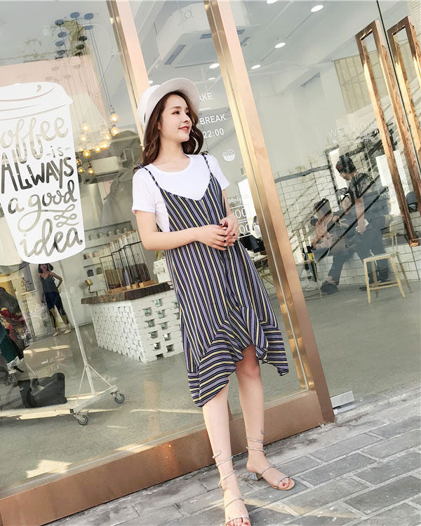 Set Dress Sifon Garis Garis Asimetris Lengan Pendek 2 Pcs