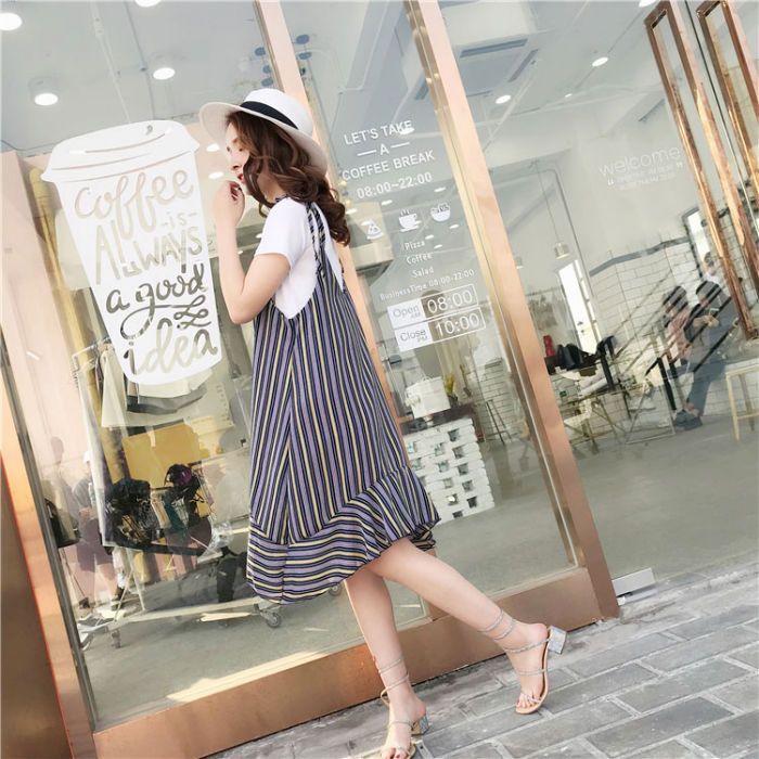 Set Dress Sifon Garis Garis Asimetris Lengan Pendek 2 Pcs