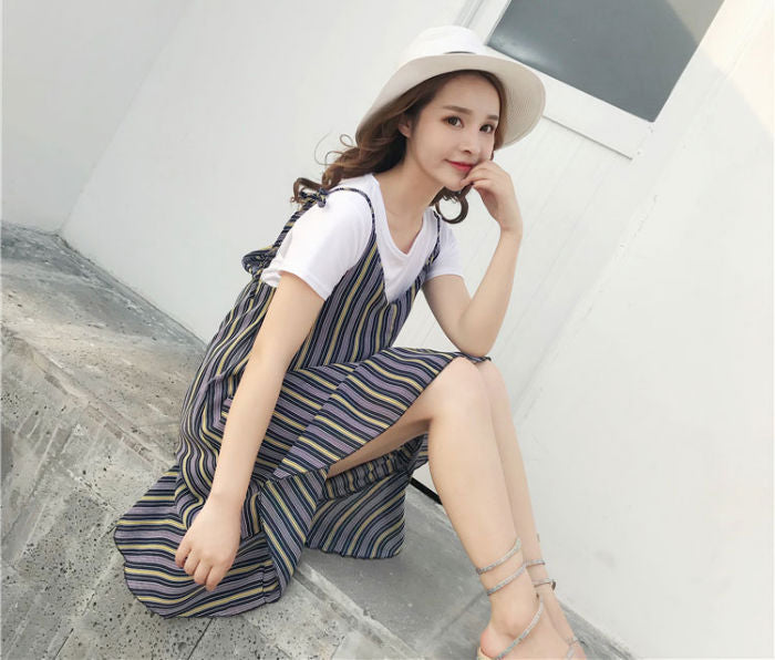 Set Dress Sifon Garis Garis Asimetris Lengan Pendek 2 Pcs