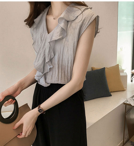 Blouse Leher V Frill Simple Elegan Import