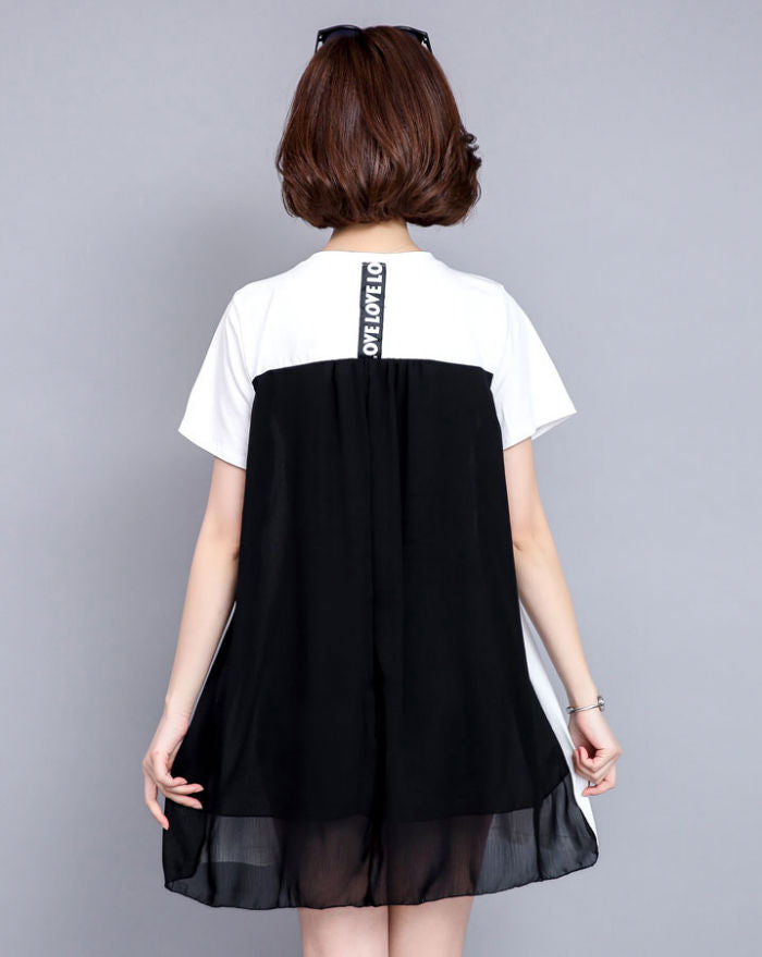 Dress Katun Putih Sifon Hitam Ma Aoku Fashion Lengan Pendek