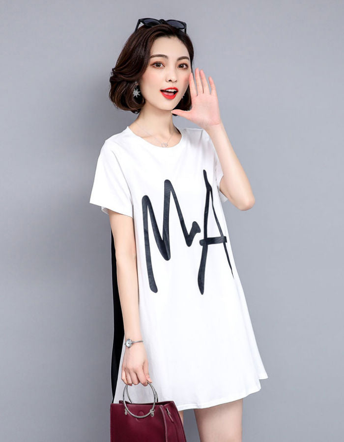 Dress Katun Putih Sifon Hitam Ma Aoku Fashion Lengan Pendek
