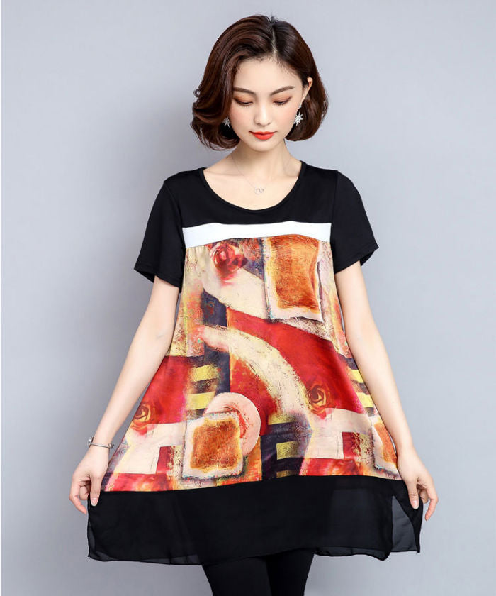 Setelan Retro Lengan Pendek dan Celana Hitam Fashion