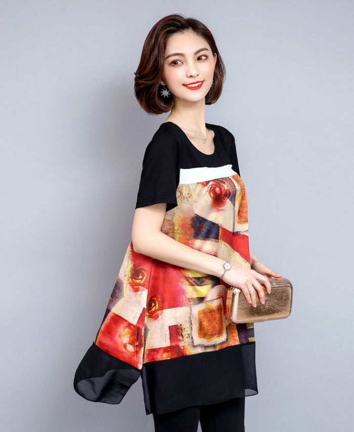 Setelan Retro Lengan Pendek dan Celana Hitam Fashion