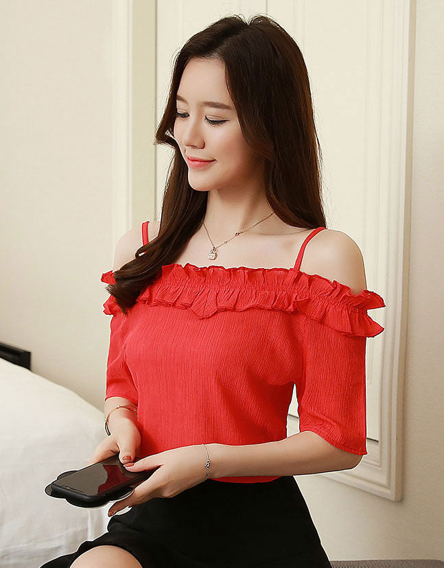 Blouse Sabrina Lengan Pendek Fashion Korea Import