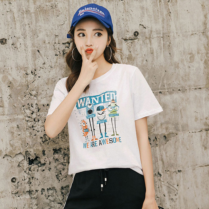 Kaos Wanita Kartun Wanted We Are Awesome Lengan Pendek Casual