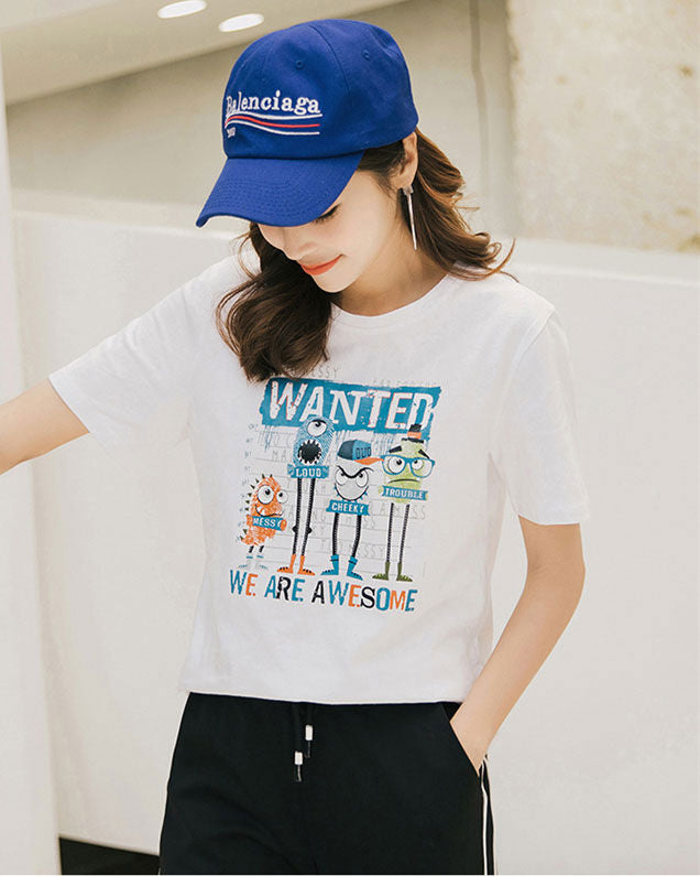 Kaos Wanita Kartun Wanted We Are Awesome Lengan Pendek Casual