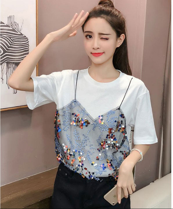 Kaos Bordir Manik Lengan Pendek Fashion Korea