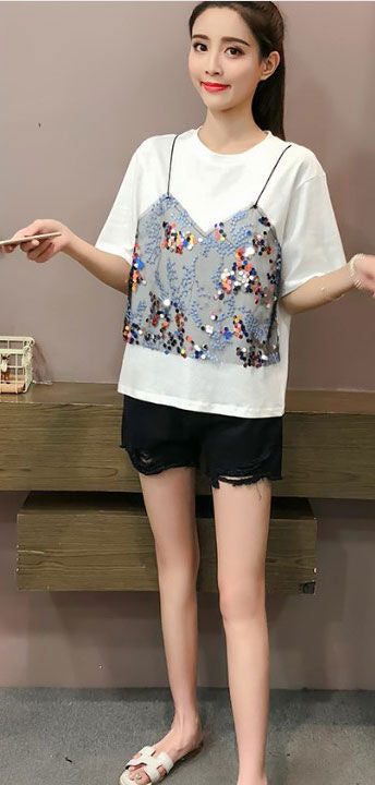 Kaos Bordir Manik Lengan Pendek Fashion Korea